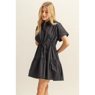 Drawstring Waist Poplin Tiered Mini Dress
