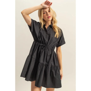 Drawstring Waist Poplin Tiered Mini Dress