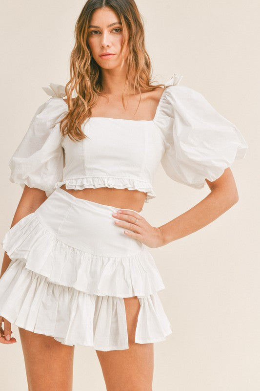 Astarte Two Piece Set - Puff Sleeve Crop Top and Ruched Mini Skirt Set in  White