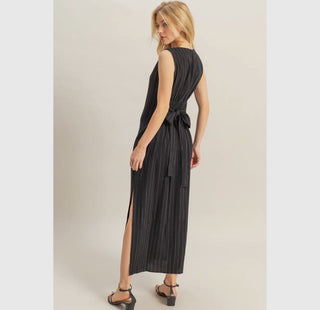 Striped Rayon Linen Side Slit Maxi Dress