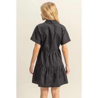 Drawstring Waist Poplin Tiered Mini Dress
