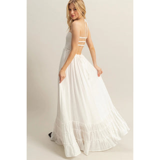 Halter Neck Smocked Bodice Tiered Hem Maxi Dress