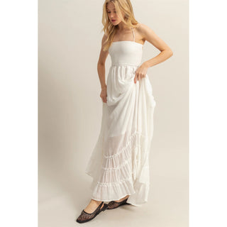 Halter Neck Smocked Bodice Tiered Hem Maxi Dress