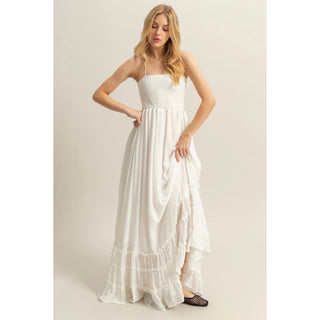 Halter Neck Smocked Bodice Tiered Hem Maxi Dress