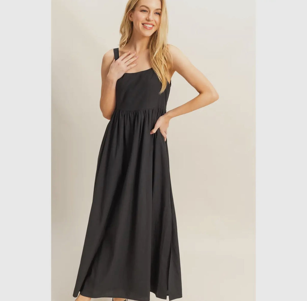 Square Neck Fit and Flare Midi Dress Black / Large