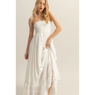 Halter Neck Smocked Bodice Tiered Hem Maxi Dress