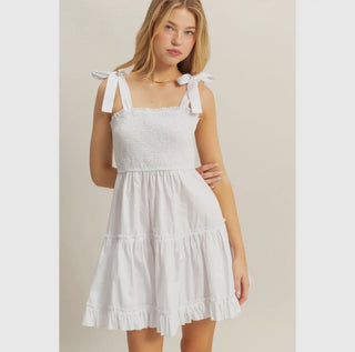 Poplin Self-Tie Straps Tiered Mini Dress