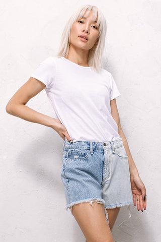High Rise Two Tone Denim Shorts with Frayed Hem