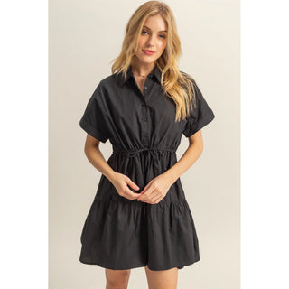 Drawstring Waist Poplin Tiered Mini Dress