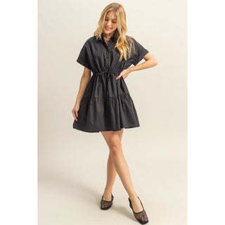 Drawstring Waist Poplin Tiered Mini Dress