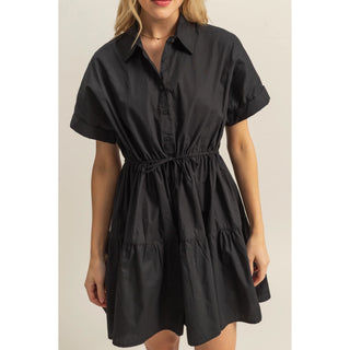Drawstring Waist Poplin Tiered Mini Dress