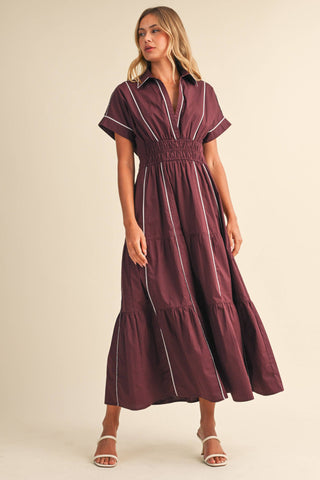 ID10490 SMOCKED WAIST CONTRAST PIPING DETAIL A-LINE MAXI DRE