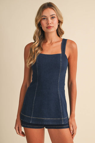 IR2520 SQUARE NECK LINE DENIM ROMPER