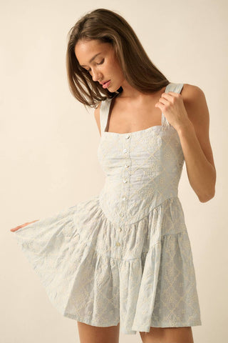 Floral-Embroidered Tiered-Ruffle Corset Romper