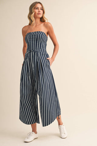 Strapless Stripe Wide Leg Jumpsuit with Side Trim