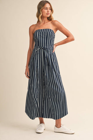 Strapless Stripe Wide Leg Jumpsuit with Side Trim