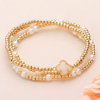 3PCS - Quatrefoil Pearl Metal Ball Beaded Stretch Bracelets
