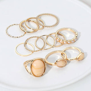 Assorted Resin Stone Accent Pearl Link Textured Metal Stackable Ring Set