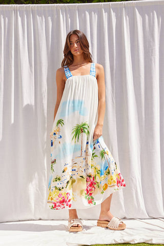Printed Tie Back Strap Midi Dress