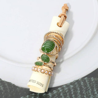 Assorted Resin Stone Accent Pearl Link Textured Metal Stackable Ring Set