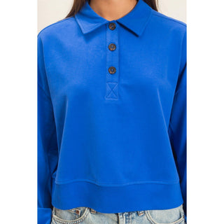 Washed Button-Front Collared Sweatshirt