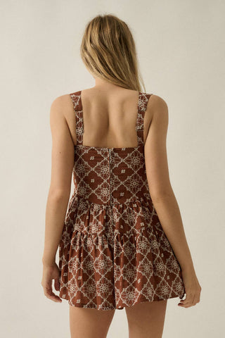 Floral-Embroidered Tiered-Ruffle Corset Romper