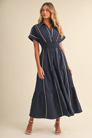 ID10490 SMOCKED WAIST CONTRAST PIPING DETAIL A-LINE MAXI DRE