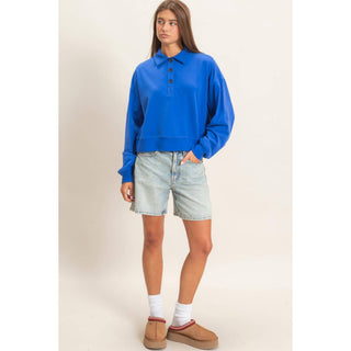 Washed Button-Front Collared Sweatshirt