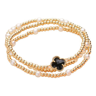 3PCS - Quatrefoil Pearl Metal Ball Beaded Stretch Bracelets