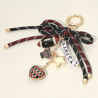 Football Themed Charm GAME DAY Message Beaded Rope Bow Accent Keychain / Bag Charm