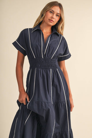 ID10490 SMOCKED WAIST CONTRAST PIPING DETAIL A-LINE MAXI DRE