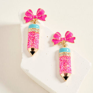 Glitter Enamel Bow Pencil Charm Drop Earrings