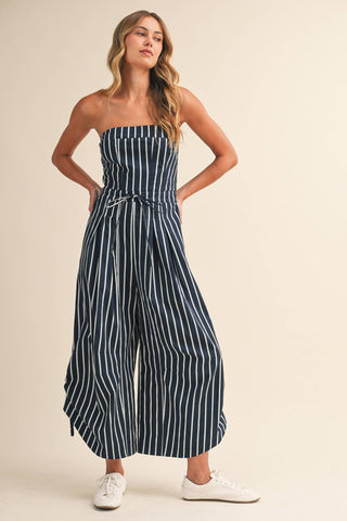 Strapless Stripe Wide Leg Jumpsuit with Side Trim