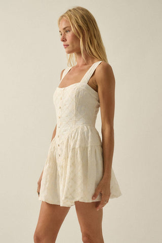 Floral-Embroidered Tiered-Ruffle Corset Romper