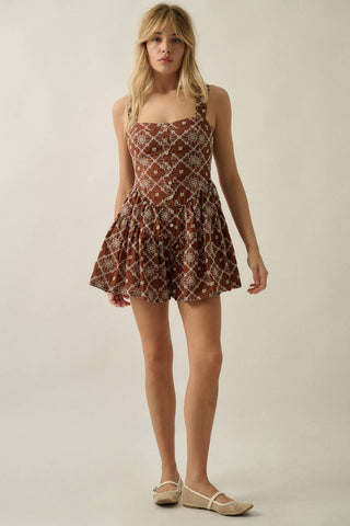 Floral-Embroidered Tiered-Ruffle Corset Romper