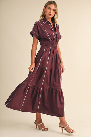 ID10490 SMOCKED WAIST CONTRAST PIPING DETAIL A-LINE MAXI DRE