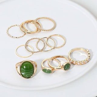 Assorted Resin Stone Accent Pearl Link Textured Metal Stackable Ring Set