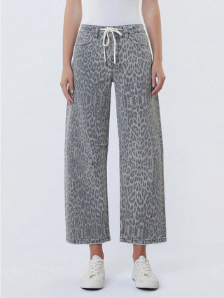 High Rise Drawstring Grey Leopard Barrel Jeans