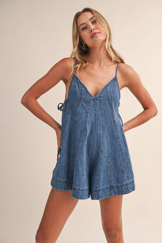 IR2359-A  DENIM FLARED ROMPER WITH SIDE TIE DETAIL