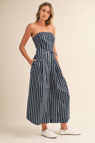Strapless Stripe Wide Leg Jumpsuit with Side Trim