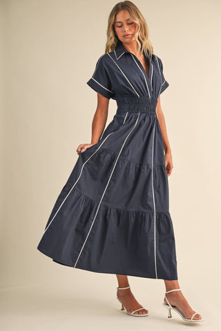 ID10490 SMOCKED WAIST CONTRAST PIPING DETAIL A-LINE MAXI DRE