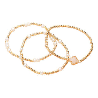 3PCS - Quatrefoil Pearl Metal Ball Beaded Stretch Bracelets