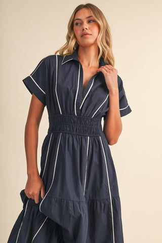 ID10490 SMOCKED WAIST CONTRAST PIPING DETAIL A-LINE MAXI DRE