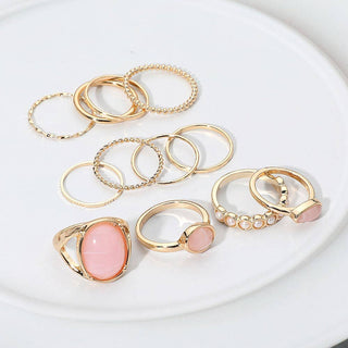Assorted Resin Stone Accent Pearl Link Textured Metal Stackable Ring Set