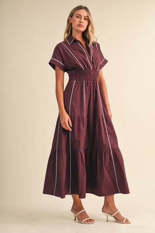 ID10490 SMOCKED WAIST CONTRAST PIPING DETAIL A-LINE MAXI DRE