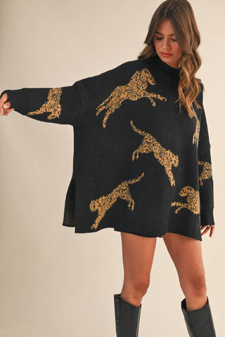 CHEETAH PRINT OVERSIZED MOCK NECK SWEATER TOP
