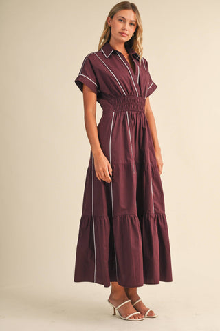 ID10490 SMOCKED WAIST CONTRAST PIPING DETAIL A-LINE MAXI DRE
