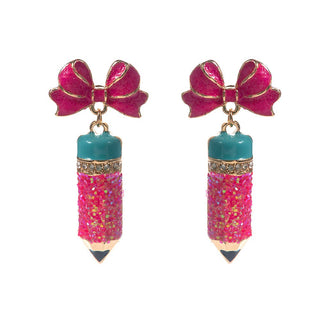 Glitter Enamel Bow Pencil Charm Drop Earrings