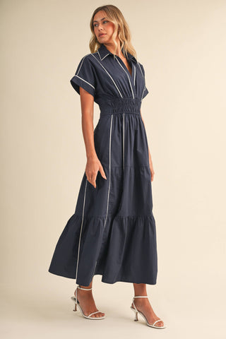 ID10490 SMOCKED WAIST CONTRAST PIPING DETAIL A-LINE MAXI DRE
