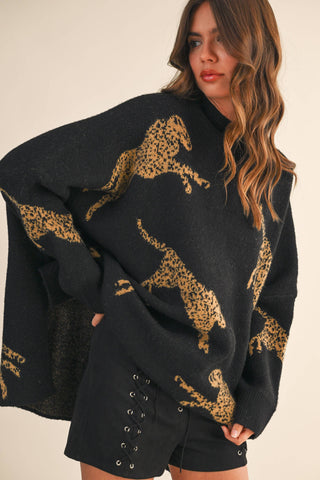 CHEETAH PRINT OVERSIZED MOCK NECK SWEATER TOP